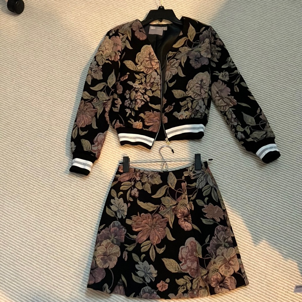 ASOS floral bomber jacket and skirt set